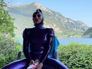 Outdoor solo masturbation scene with curly blonde